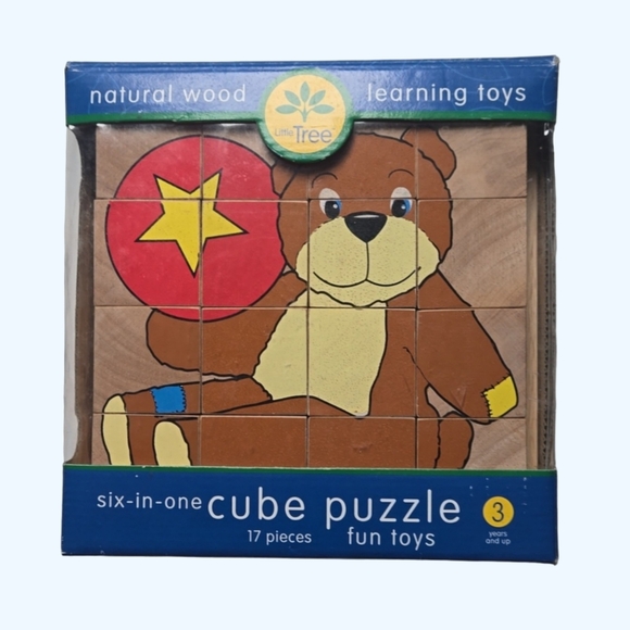 Vintage Six-In-One Natural Wood Cube Puzzle Learning Toy-17 Pieces-One Size - Picture 4 of 4